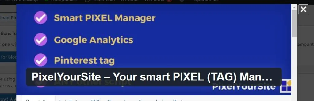 PixelYourSite plugin banner: smart pixel manager for Meta Pixel, Google Analytics, and Pinterest tag