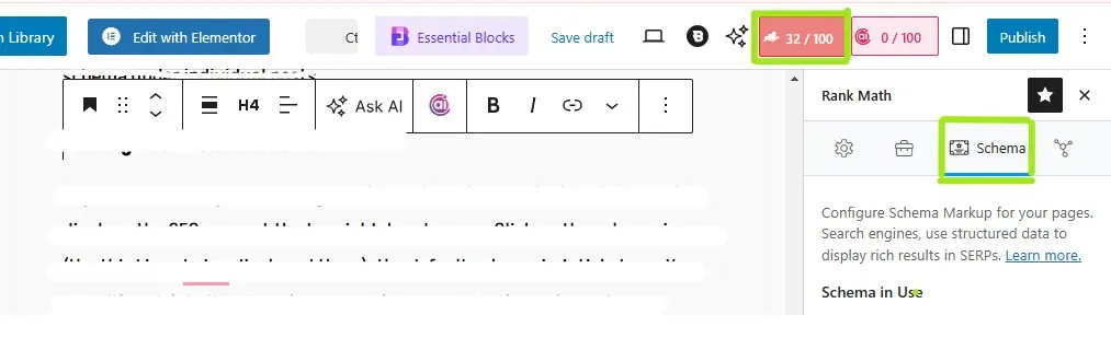 Rank Math panel in the WordPress editor with the Schema tab highlighted