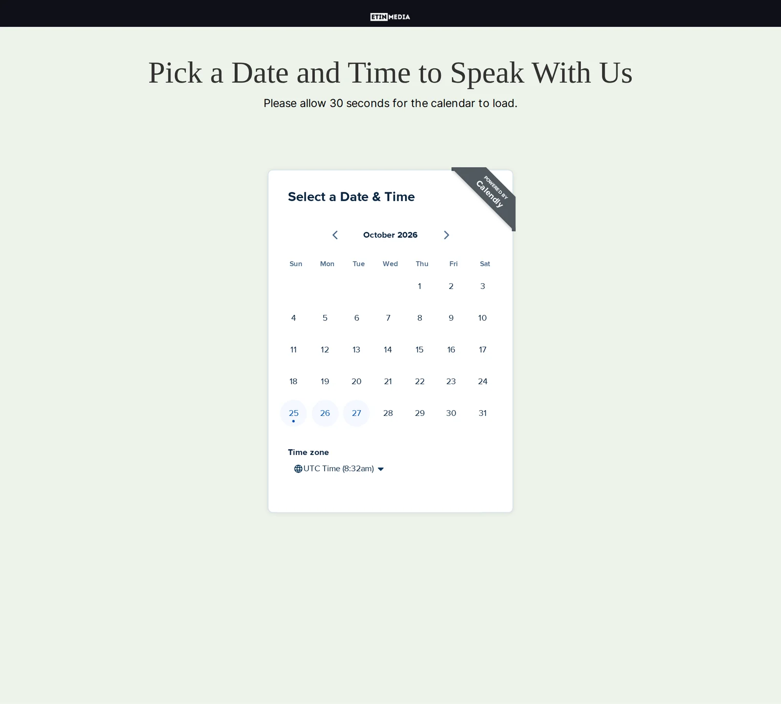 Screenshot of the Etin Media call booking page with a calendar showing the next few available days.