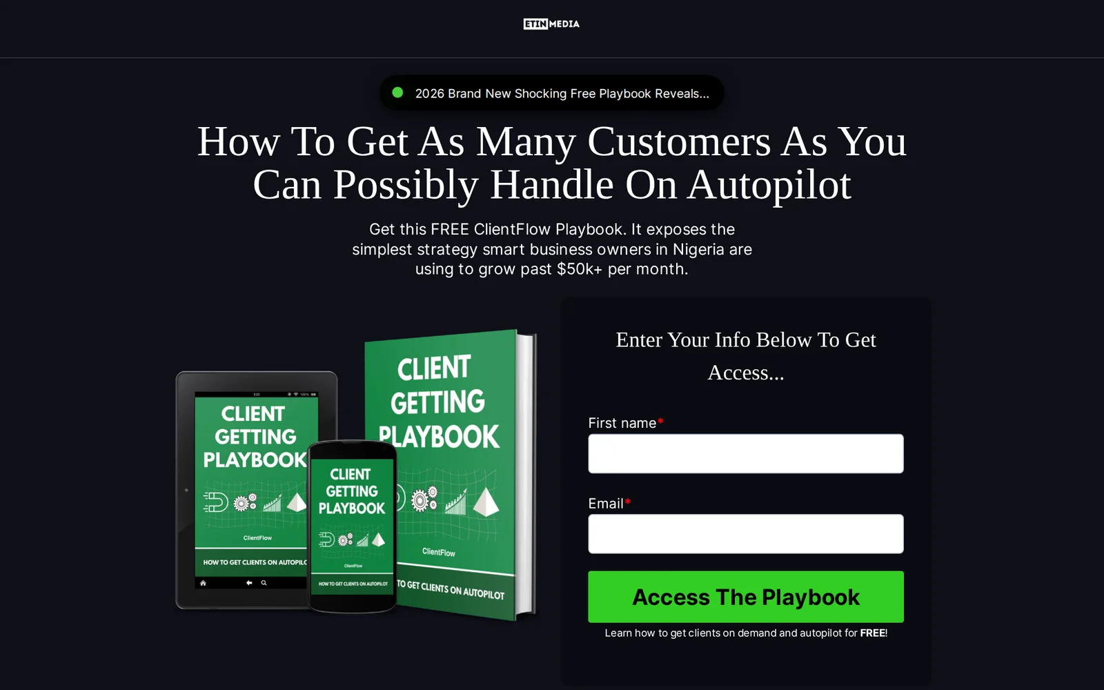 Screenshot of the Etin Media lead magnet page offering a free playbook with a first name and email form.