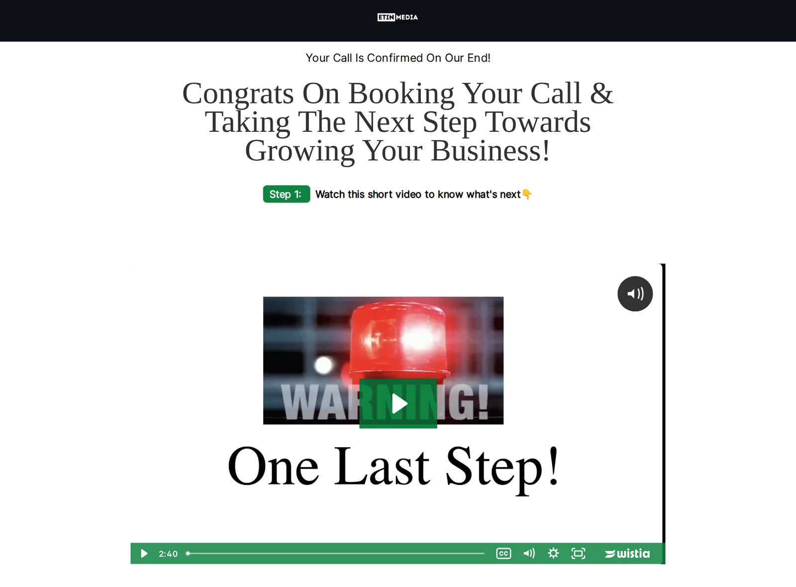 Screenshot of the Etin Media thank-you page confirming the call, with a preparation video.