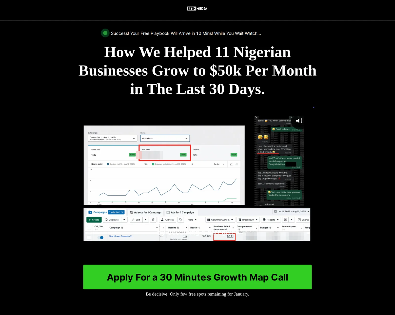Screenshot of the Etin Media VSL page with a report-on-its-way message, result headline, video and call button.